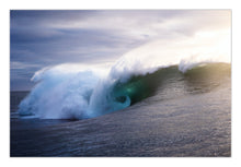 Load image into Gallery viewer, Esculate – large wave detonating mid-break with massive white water explosion over a deep green face, warm light catching the spray against a moody grey-purple sky, South Coast, Sapphire Coast, fine art photography by Greg Selby
