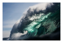 Load image into Gallery viewer, Berave – massive dark wave face throwing over with an explosive burst of white spray and mist against a moody grey-blue sky, raw power and sculptural form, South Coast, Sapphire Coast, fine art ocean photography by Greg Selby