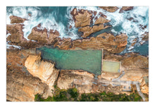 Load image into Gallery viewer, Fine art photograph of Bermagui Blue Pool on the NSW South Coast, captured from a unique elevated angle using a slow shutter technique to create silky ocean movement.
