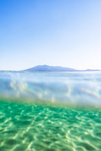Load image into Gallery viewer, A landscape photograph featuring a bermagui beach scene with water in the foreground and gulaga  morther mountain under a clear sky.
