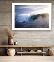 Load image into Gallery viewer, Esculate – large wave detonating mid-break with massive white water explosion over a deep green face, warm light catching the spray against a moody grey-purple sky, South Coast, Sapphire Coast, fine art photography by Greg Selby