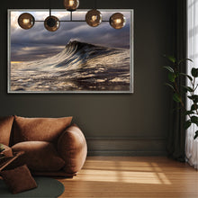 Load image into Gallery viewer, Larune – golden hour wave photography, unbroken swell with moody clouds, warm golden light on dark water, Australian coastline, fine art print by Greg Selby