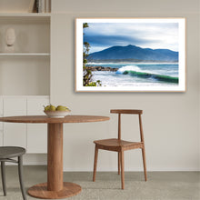 Load image into Gallery viewer, Breaking ocean wave at Horseshoe Bay, Bermagui with Gulaga in the background on the Sapphire Coast of New South Wales by Greg Selby.