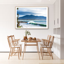 Load image into Gallery viewer, Breaking ocean wave at Horseshoe Bay, Bermagui with Gulaga in the background on the Sapphire Coast of New South Wales by Greg Selby.