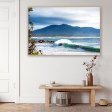 Load image into Gallery viewer, Breaking ocean wave at Horseshoe Bay, Bermagui with Gulaga in the background on the Sapphire Coast of New South Wales by Greg Selby.