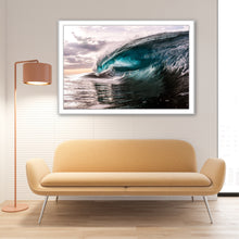 Load image into Gallery viewer, Avior – large teal barrel throwing over with dramatic spray, warm golden-grey storm light breaking through heavy clouds behind the wave, shot from water level, South Coast, Sapphire Coast, surf and coastal decor photography by Greg Selby