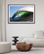 Load image into Gallery viewer, Aurin – massive green barrel wave with tunnel wide open, golden morning light on the face and spray off the lip against a clear blue sky, Australian coastline, fine art photography by Greg Selby

