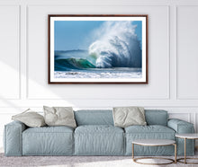 Load image into Gallery viewer, Framed artwork of a wave on a wall above a sofa Greg Selby Sapphire south coast NSW 
