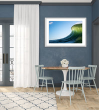 Load image into Gallery viewer, Illior – perfectly formed olive-green barrel wave glowing with backlit light against a clear blue sky, Australian coastline, fine art photography by Greg Selby Sapphire coast decor wall hanging.