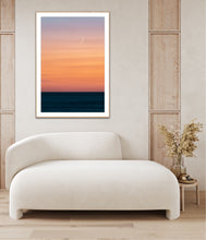 Load image into Gallery viewer, Original artwork of a crescent moon rising above the ocean at Bermagui, with soft peach and pink sunset skies and a calm sea.