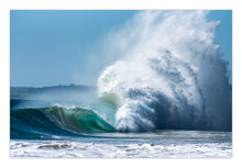 Load image into Gallery viewer, A photograph of a breaking wave in the ocean, capturing white foam and blue waters against a bright sky. Far south coast nsw photographer Greg Selby