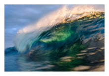 Load image into Gallery viewer, A photograph of a wave breaking in the ocean, capturing shades of blue and white with a blurred background. Greg Selby FIne art exposure print South coast nsw