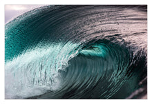 Load image into Gallery viewer, A square art print or photo of a curling ocean wave, with deep teal, dark blue-green, and white foam, shown against a white border. Sapphire coast NSW Greg Selby 
