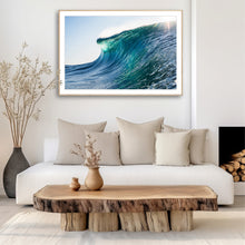 Load image into Gallery viewer, Emorith – full teal-green wave face with sun breaking through the lip creating a bright halo, shot from water level, Australian coastline, fine art photography by Greg Selby


