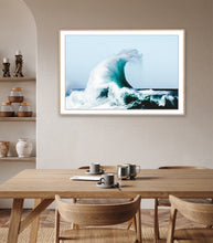 Load image into Gallery viewer, Iasukoh – single wave rising to a monumental peak, crest exploding into white spray curling against a pale grey-white sky, isolated and dramatic, South Coast, Sapphire Coast, fine art photography by Greg Selby

