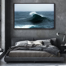 Load image into Gallery viewer, Thevius – solitary wave rising from a dark choppy open ocean under a heavy grey overcast sky, deep teal-grey tones, vast and moody seascape, Australian coastline, fine art ocean photography by Greg Selby