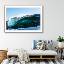 Load image into Gallery viewer, A photograph of a breaking wave with predominantly blue and green colors, capturing the wave's texture and the clarity of the water. Coastal Decor Print 