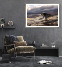 Load image into Gallery viewer, Larune – golden hour wave photography, unbroken swell with moody clouds, warm golden light on dark water, Australian coastline, fine art print by Greg Selby