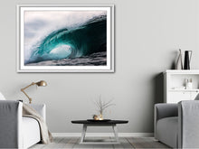 Load image into Gallery viewer, Emitior – massive teal-green barrel wave with tunnel visible, white water exploding off the lip against a heavy grey sky, shot from water level, Australian coastline, fine art photography by Greg Selby South Coast Sapphire coast