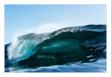 Load image into Gallery viewer, Atreus – deep teal wave backlit against a pale blue sky with lip beginning to throw, shot from water level, South Coast, Sapphire Coast, fine art photography by Greg Selby. Coastal Decor Print 