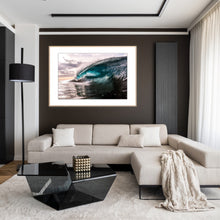 Load image into Gallery viewer, Avior – large teal barrel throwing over with dramatic spray, warm golden-grey storm light breaking through heavy clouds behind the wave, shot from water level, South Coast, Sapphire Coast, surf and coastal decor photography by Greg Selby