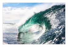 Load image into Gallery viewer, A vibrant art print of a powerful ocean wave with a blue and green color palette, reflecting light and water droplets. decor print wall art Greg selby far south coast