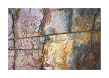 Load image into Gallery viewer, A close-up of a textured stone or tile surface with a grid pattern, featuring marbled pink, beige, and blue-gray tones with brown grout lines. greg Selby Earth series southcoast
