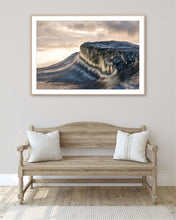 Load image into Gallery viewer, Persephon – thick heavy wave with a flat mesa-like top, reflective lines of golden sunrise light streaking down the face, warm amber light breaking through dramatic clouds, glassy ocean, South Coast, Sapphire Coast, coastal decor photography by Greg Selby