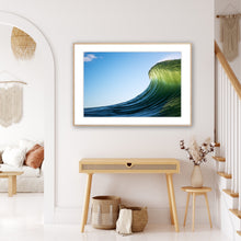 Load image into Gallery viewer, Illior – perfectly formed olive-green barrel wave glowing with backlit light against a clear blue sky, Australian coastline, fine art photography by Greg Selby