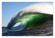 Load image into Gallery viewer, Aurin – massive green barrel wave with tunnel wide open, golden morning light on the face and spray off the lip against a clear blue sky, Australian coastline, fine art photography by Greg Selby

