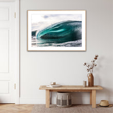 Load image into Gallery viewer, Vamari — a thick glassy barrel wave with a luminous teal-green interior, lip just beginning to pitch, shot at water level on the Australian coastline. Fine art ocean photography Coastal Decor wall hanging

A perfectly shaped wave at sunrise on the sapphire coast by Greg Selby 