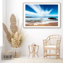 Load image into Gallery viewer, Bermagui beach photograph with dramatic white cloud formations over a turquoise ocean, gentle waves, sandy shoreline, and bright holiday weather. South coast NSW