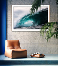 Load image into Gallery viewer, Emitior – massive teal-green barrel wave with tunnel visible, white water exploding off the lip against a heavy grey sky, shot from water level, Australian coastline, fine art photography by Greg Selby