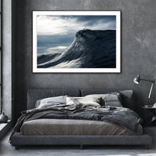 Load image into Gallery viewer, Adali – dark brooding wave shot from water level, heavy textured face against dramatic silver backlit sky, Australian coastline, fine art photography by Greg Selby  Wall hanging suth coast coastal decor
