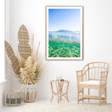 Load image into Gallery viewer, A landscape photograph featuring a bermagui beach scene with water in the foreground and gulaga  morther mountain under a clear sky.