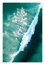 Load image into Gallery viewer, A fine art print featuring an aerial view of a pod of dolphins in a breaking wave. greg selby fine art decor prints