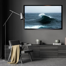 Load image into Gallery viewer, Thevius – solitary wave rising from a dark choppy open ocean under a heavy grey overcast sky, deep teal-grey tones, vast and moody seascape, Australian coastline, fine art ocean photography by Greg Selby