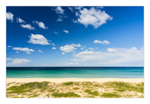 Load image into Gallery viewer, A printed image of a beach scene with a clear blue sky, clouds, and calm ocean water. Sapphire coast decor print Greg Selby South coast