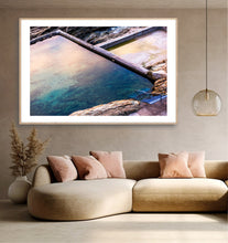 Load image into Gallery viewer, sapphire coast blue pool morning colour tones by Greg selby fine art south coast nsw sunrise blues and warm glows across the water. decor print wall hanging bermagui