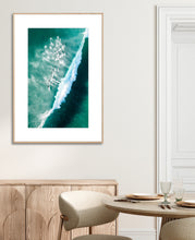 Load image into Gallery viewer, A fine art print featuring an aerial view of a pod of dolphins in a breaking wave. Greg selby fine art decor prints wall hanging