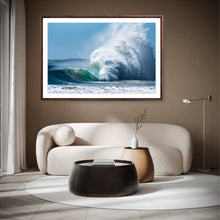 Load image into Gallery viewer, A photograph of a breaking wave in the ocean, capturing white foam and blue waters against a bright sky. Far south coast nsw photographer Greg Selby