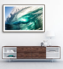 Load image into Gallery viewer, Fine art photographer Greg Selby captures a wave lit by morning light greens and blues perfect decor print for home sapphire coast