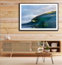 Load image into Gallery viewer, Framed artwork of a wave on a wooden wall above a wooden console table. by Greg Selby far south coast photographer 