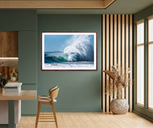 Load image into Gallery viewer, A photograph of a breaking wave in the ocean, capturing white foam and blue waters against a bright sky. Far south coast nsw photographer Greg Selby