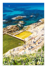 Load image into Gallery viewer, Bermagui Blue Pool original artwork featuring turquoise ocean waters, vibrant blue pool tones, and contrasting yellow and green Australian coastal colours.