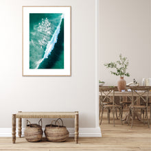Load image into Gallery viewer, A fine art print featuring an aerial view of a pod of dolphins in a breaking wave. greg selby fine art decor prints
