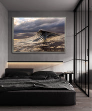 Load image into Gallery viewer, Larune – golden hour wave photography, unbroken swell with moody clouds, warm golden light on dark water, Australian coastline, fine art print by Greg Selby