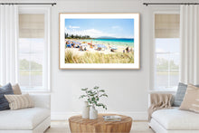 Load image into Gallery viewer, A vibrant beach scene with clear blue skies, featuring people sunbathing, playing, and walking on the beach with the ocean in the background.
Sunny beach landscape with turquoise ocean, golden sand, beach umbrellas, and people enjoying a relaxing summer day.
Bermagui Far south coast Greg Selby photography Horseshoe bay NSW