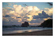 Load image into Gallery viewer, Beach scene with large clouds over the ocean at narooma glasshouse rocks far southcoast sunset nsw