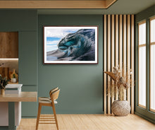 Load image into Gallery viewer, Modern interior with a framed artwork of a wave on a green wall.